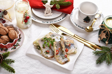 herring slices marinated in oil for Christmas