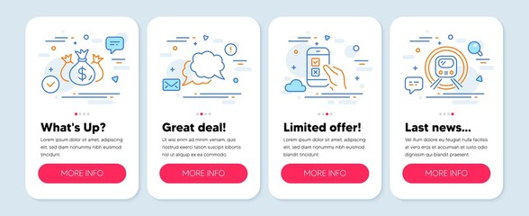 Set of Technology icons, such as Check investment, Chat message, Mobile survey symbols. Mobile screen mockup banners. Metro subway line icons. Business report, Speech bubble, Phone quiz test. Vector