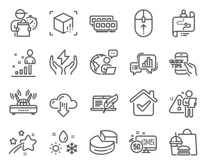 Science icons set. Included icon as Copyright laptop, Safe energy, Journey path signs. Augmented reality, Cloud download, Wifi symbols. Weather, Education, Graph chart. Stats, Swipe up. Vector