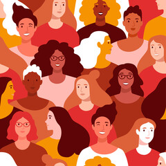 International Women's Day pattern. Vector seamless pattern with multinational diverse group of women in trendy warm color palette  flat style