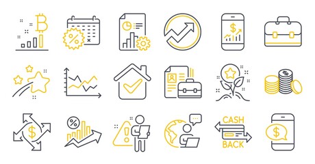 Set of Finance icons, such as Vacancy, Loyalty points, Phone payment symbols. Cashback card, Bitcoin graph, Report signs. Banking money, Calendar discounts, Payment exchange. Portfolio. Vector