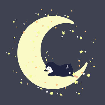 A cute penguin sleeps on the moon among the stars. Cute childish illustration in vector. For printing, interior decoration, postcards.