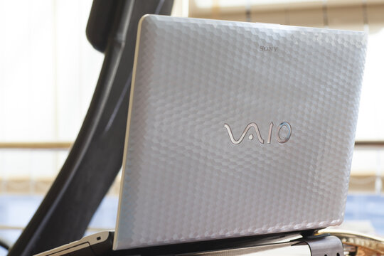 Sony logo on the back cover of the laptop, on the background of the office in Russia, Moscow, March 17, 2020.	
