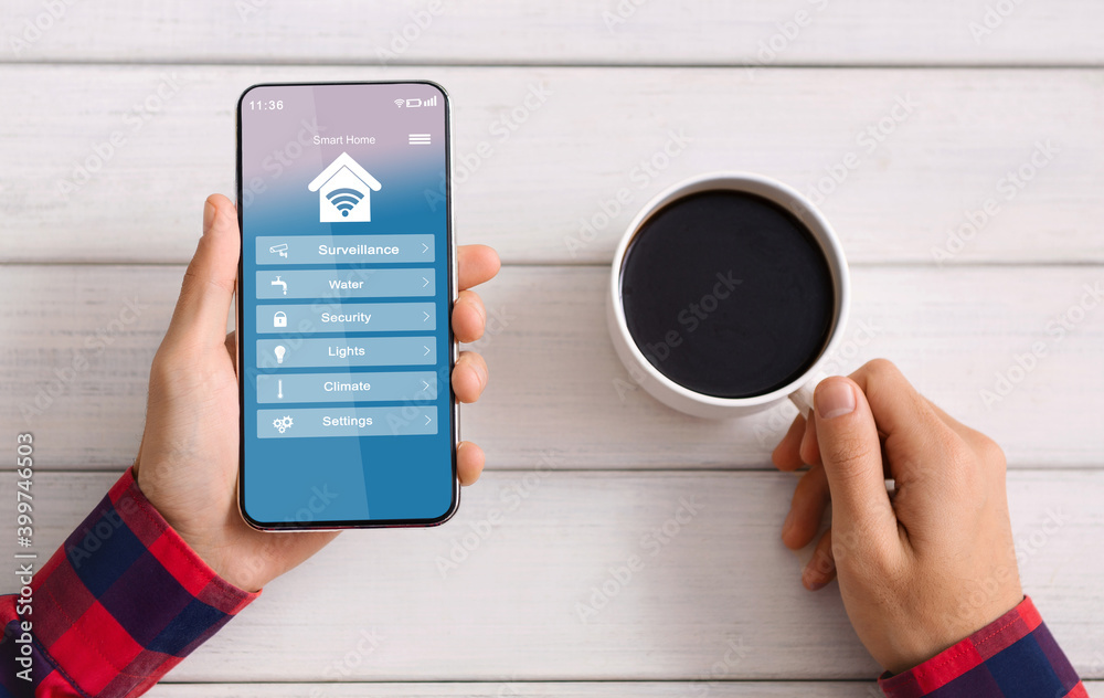 Poster Man Controlling Smart Home Processes With App On Smartphone And Drinking Coffee