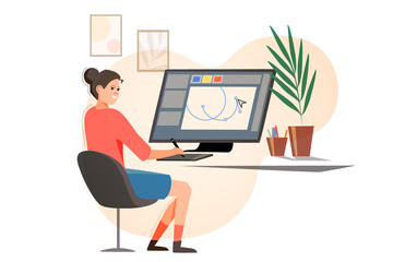 A girl is sitting at a large monitor and a graphic tablet, a young designer is working. Modern flat design, woman illustrator character.