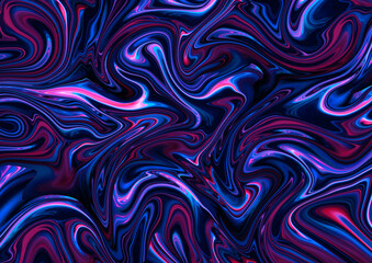 Creative background with abstract blue, violet, pink waves. Marble effect. Digital surface. Liquid unusual paint. Horizontal artistic wallpaper. Mineral texture.