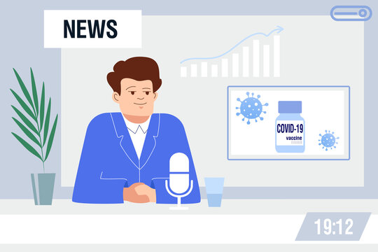 A man in a blue jacket will deliver the news about the coronavirus vaccine. Roundup of news on tv and online. Cozy office, graphics, flowers, blue colors.