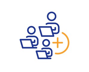 Add team line icon. Teamwork sign. Remote team employees symbol. Quality design element. Line style add team icon. Editable stroke. Vector