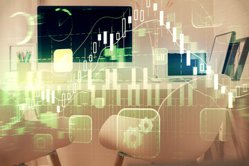 Fototapeta premium Double exposure of stock market graph drawing and office interior background. Concept of financial analysis.