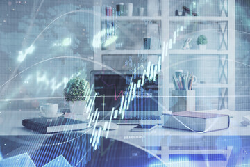 Double exposure of financial graph drawing and office interior background. Concept of stock market.