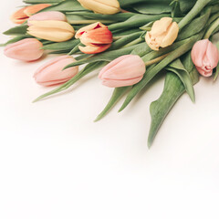 Square backdrop with a bouquet of tulips on an orange background. Flat lay, top view with copyspace isolated on white. International Women's Day, spring concept.	