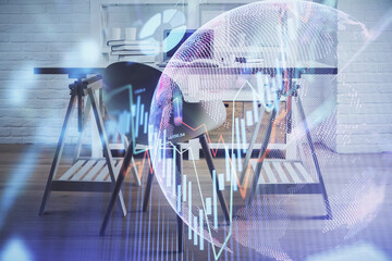Multi exposure of financial graph drawing and office interior background. Concept of market...