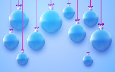 Obraz premium Blue christmas balls hanging on pink ribbons with bow.