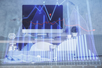 Multi exposure of financial graph drawing and office interior background. Concept of market...