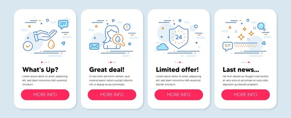 Set of Beauty icons, such as Wash hands, 24 hours, Moisturizing cream symbols. Mobile app mockup banners. Clean skin line icons. Skin care, Protection, Face lotion. Face cream. Vector