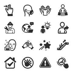 Set of People icons, such as Group people, Repairman, Do not touch symbols. Graph chart, Escalator, Hold t-shirt signs. Medical mask, Buyer, Touchscreen gesture. Face cream, Clapping hands. Vector