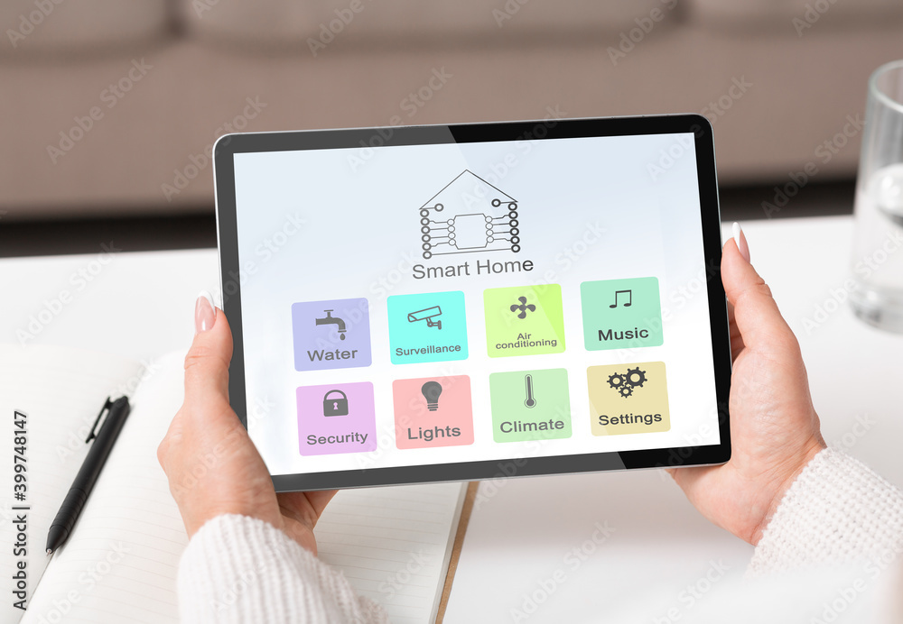 Poster Smart Home Control System Interface Opened On Digital Tablet In Female Hands