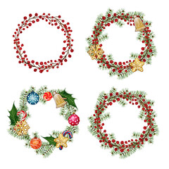 Watercolor set Christmas wreath. New year decoration, christmas design, hand painted, for invitation, greeting card. Decorative element. Watercolor illustration of hand painted.