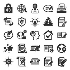Fototapeta premium Copywriting book icons. Set of Copyright protection, Signature and Feedback icons. Typewriter, Idea and message copywriting. Write book, legal copyright, content author. Light bulb. Vector