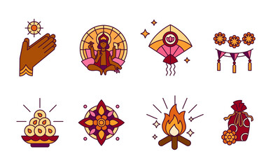Makara Sankranti, Hindu festival of sun god Surya - solid icons in bright colors. Maghi or Pongal - Symbols of hands in pray, Patang Kite, Laddu dessert. For greeting card, invitation, banner, app