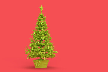 Light green decorated Christmas tree on pink background. 3D rendering
