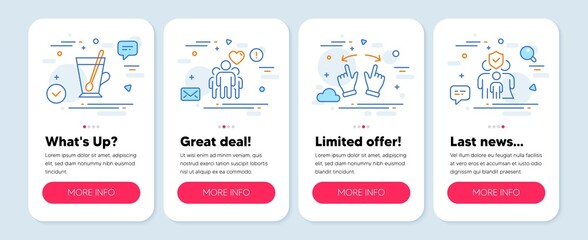 Set of line icons, such as Friendship, Tea mug, Move gesture symbols. Mobile app mockup banners. Family insurance line icons. Trust friends, Cup with teaspoon, Swipe. Risk coverage. Vector