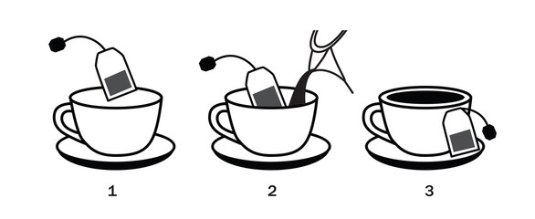 Steps how to brew tea. Vector illustration isolated on white background.