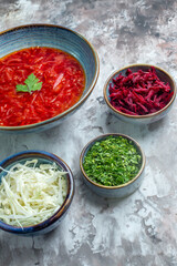 front view delicious borsch ukrainian beet soup with fresh cabbage and greens on the white background photo color meal cabbage dish