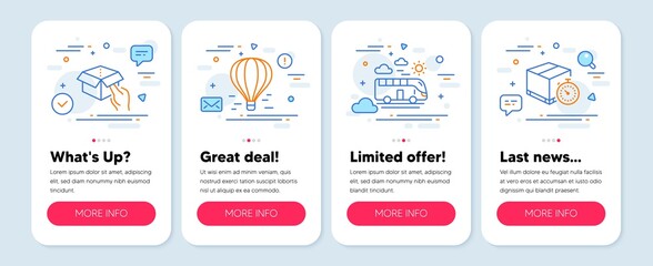 Set of Transportation icons, such as Bus travel, Air balloon, Hold box symbols. Mobile screen banners. Delivery timer line icons. Transport, Flight travel, Delivery parcel. Express logistics. Vector