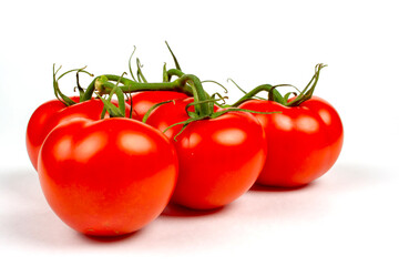 large red tomatoes on a branch close-up