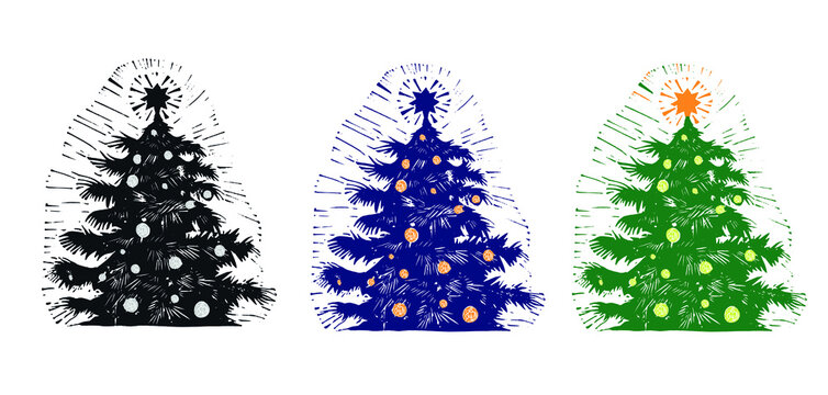 Vector set of Christmas tree images. Green, blue, black linocut trees. Picture of a Christmas tree with toys.
