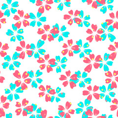 Flower pattern pink and blue colors doodle on white background