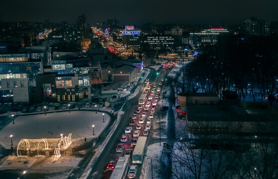 December 15, 2020 Russia, Lipetsk, aerial photo of the night city