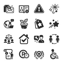 Set of Business icons, such as Technical algorithm, Workflow, Disability symbols. Winner ribbon, Loyalty tags, Manual doc signs. Repairman, Fireworks, Parking time. Leaves, Court jury. Vector