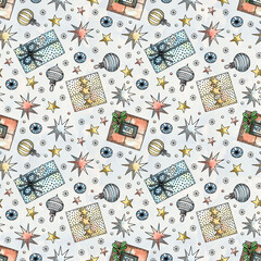 vintage seamless pattern with a set of christmas elements and decorations