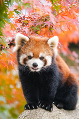 red panda in the autumn forest - obrazy, fototapety, plakaty