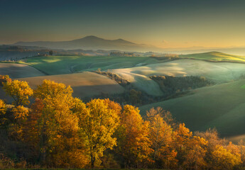 Autumn landscape, rolling hills and Mount Amiata. Asciano, Siena, Tuscany. Italy