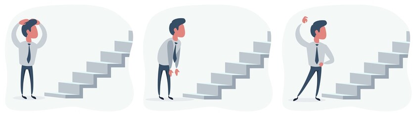 Man Looking at the stairway of new opportunities or challenges. Vector flat design illustration.
