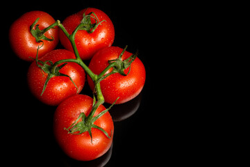 a bunch of large tomatoes with water drops on a black background