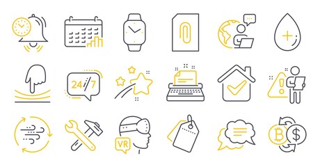 Set of Technology icons, such as Spanner tool, Elastic, 24h service symbols. Attachment, Augmented reality, Sale tags signs. Oil serum, Text message, Wind energy. Calendar graph. Vector