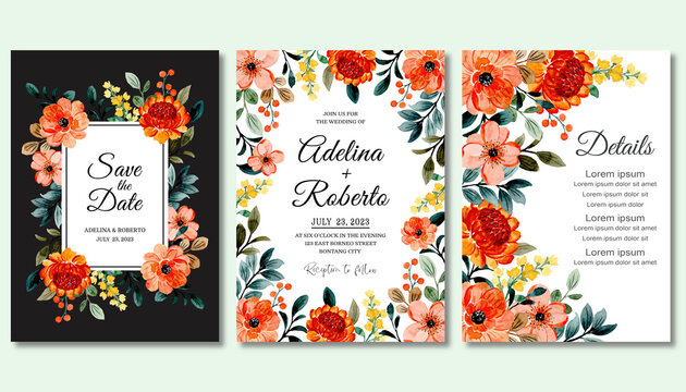 Save the date. Set wedding invitation card with floral watercolor