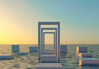 Arcade and steps in ocean, sea  - paradise view. White stone sculpture. Podium, pedestal for mockup design. Sunny summer advertising composition. Empty space for mockup. 3d render illustration