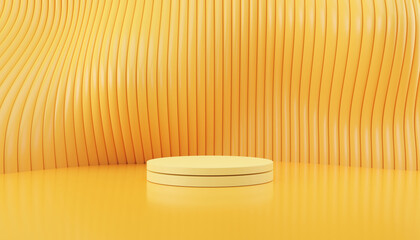 yellow background with a pedestal and a showcase. 3d illustration