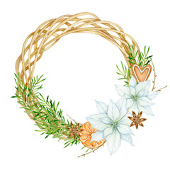 Watercolor Christmas wreath winter illustration .isolated on white background.