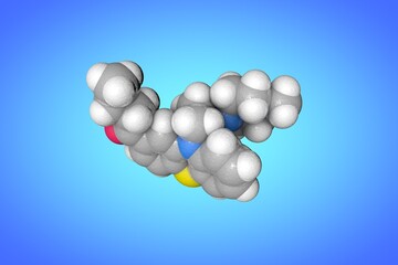 Molecular model of butaperazine. Atoms are represented as spheres with color coding: carbon (grey), oxygen (red), nitrogen (blue), hydrogen (white), sulfur (yellow). 3d illustration