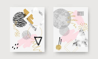 Abstract contemporary art posters with marble stones, doodle textures, geometric shapes, animal pattern, plants, dots and watercolor elements. Trendy modern backgrounds for postcards, brochure cover