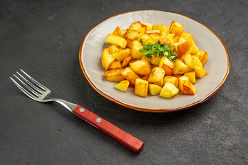 front view tasty fried potatoes inside plate with greens on dark background photo food oil color dinner bread