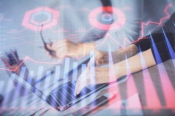Multi exposure of woman hands typing on computer and financial chart hologram drawing. Stock market analysis concept.