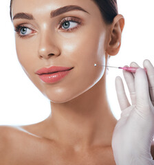 Thread face lift, using mesothreads. Needle with mesothreads near beautiful woman face, isolated on...