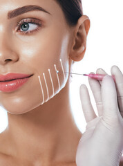 Thread facelift with arrows, concept of lifting skin, close up. Procedure facial contouring using...